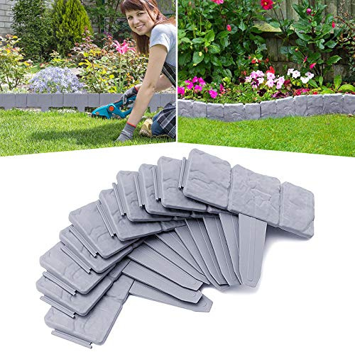 FIVMEN 5M Rasenkante Kunststoff Beeteinfassung T-Form Beetumrandung mit Bodenspieß & Schnalle, Flexible Schneidebar Gartenpalisade, Hellgrau (20pcs, 25x23cm)