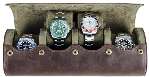 Hiram Estuche enrollable de piel auténtica, caja de almacenamiento para 4 relojes, funda de viaje con cojín extraíble, organizador protector portátil