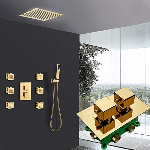 GMWARDDF Set di rubinetti termostatici per Doccia, Miscelatore termostatico Dorato a 3 Vie con 6 getti massaggianti, Set Doccia da Bagno, Set Completo da 12 Pollici