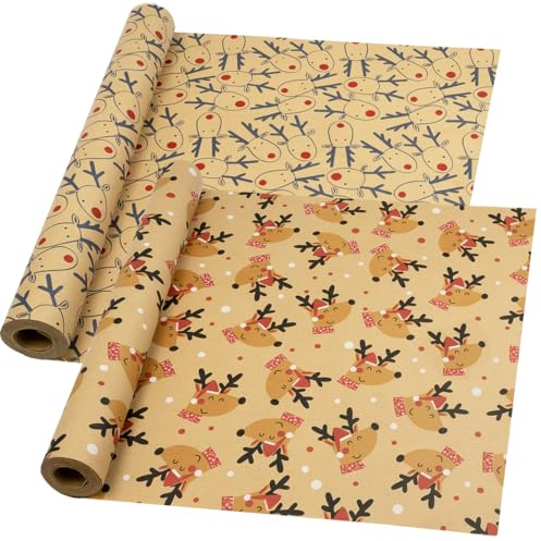 Rollo de papel de regalo navideño para regalo - Papel de regalo 2 rollos 43cm*15M Kraft Reciclable Papel de regalo de diseño festivo para decoración de regalos de cumpleaños de Navidad