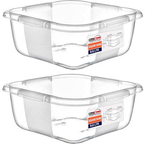 Best House | Plastic Washing up Bowl Basin | 9.6 Litres | Square | Clear | 2 pcs | Multipurpose Bath Tub/Washing Tub for Kitchen, Bathroom, and Household Use (Pack of 2)