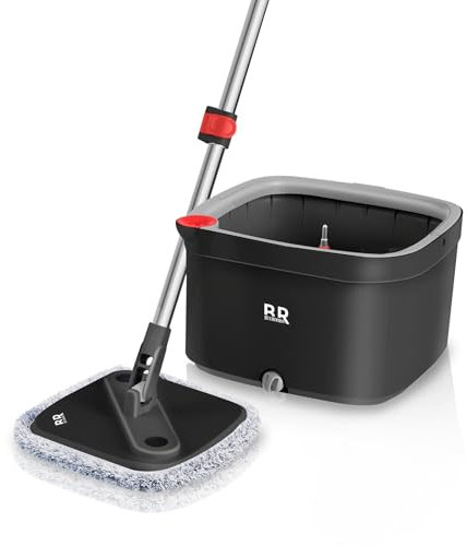 Set di secchio per mocio rotante con strizzatore a 360° e 4 panni in microfibra con manico telescopico facile da premere con centrifuga a secco, in microfibra, pulizia della casa, pavimento pulito
