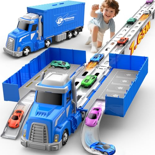 Camion Transporteur de Course avec Piste Éjectable et Pliable - 165 cm Circuit Voiture avec 6 Mini Voitures - Jouet Enfant 3 4 5 6 Ans - Facile à Transporter - Cadeau Garçon