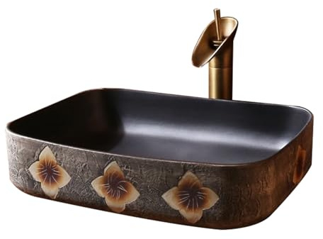 Vessel Sink,New Chinese Retro Style Art Countertop Basin,Hand-Carved Flower Pattern Washbasin,A