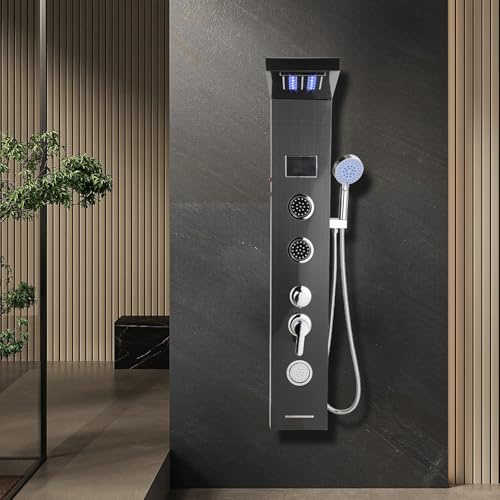 Peviasot Panneau de douche, colonne de douche 5 fonctions, système de panneau de douche en acier inoxydable avec robinet, système de douche à effet pluie avec affichage de la température LED, buses de
