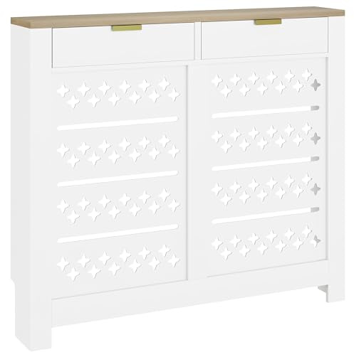 HOMCOM Radiator Cover with 2 Flip Drawers, Modern Cross Pattern MDF Cabinet Heater Cover with Top Shelf for Living Room, Bedroom, Hallway, 108W x 19D x 95.5H cm, White