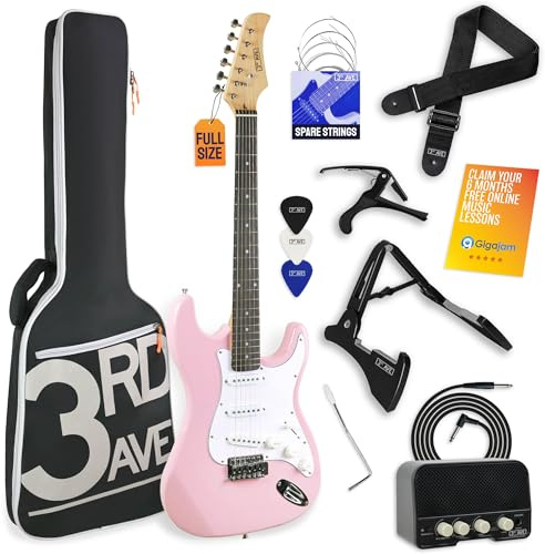 3rd Avenue Full Size 4/4 Electric Guitar Pastel Pink with Amp, Cable, Stand, Padded Bag, Strap, Spare Strings, Picks, Capo, Whammy Bar, Online Lessons – Light Pink