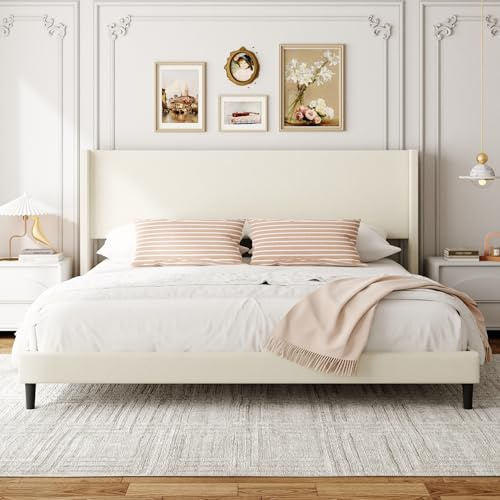 Sismplly King Bed Frame with Wingback Headboard, Velvet Upholstered Platform Bed with Wooden Slats, 6.46“ Under Bed Storage, Metal Support, Noise Free, No Box Spring Needed, Beige