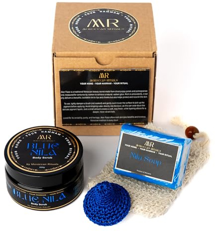 Nila Body Scrub Gift Set | Exfoliating Sugar Scrub + 200g Blue Nila Soap + Exfoliating Soap Pouch + Moroccan Crochet Foot Scrubber | Brightening & Hydrating Full Body Care Kit