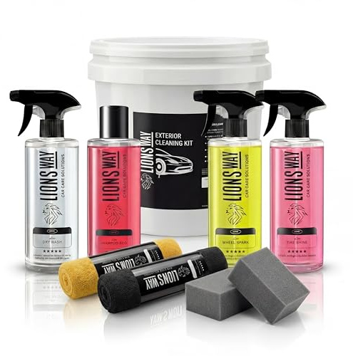 LionsWay: Kit Limpieza y Cuidado Exterior del Automóvil – Incluye Dry Wash con Cera de Carnauba, Champú Exterior, Limpiador de Llantas, Abrillantador de Neumáticos, Esponja + 2 Bayetas de Microfibra