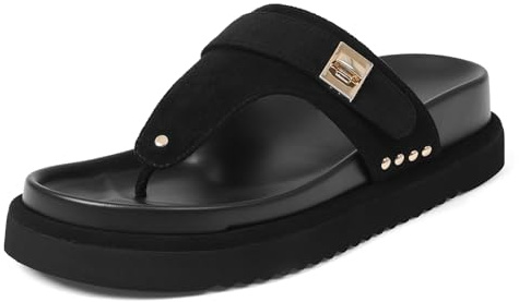 VOMIRA Black Flip Flops for Women Suede Buckle Studded Clip Toe Arch Support Slip On Platform Wedge Sandals Summer Beach Flat Sandals Comfort Slide Sandals
