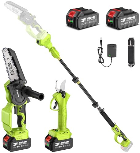 Supstable Motosega a Batteria Telescopica 6 Pollici & 33 mm Forbice Potatura a Batteria, 4 in 1 Kit Motosega e Forbici con 8000 mAh Batterie, Asta Telescopica 4,8 m, Regolazione Catena Senza Attrezzi