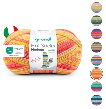 Gründl Laine Hot Socks Madena 4 fils - Laine pour chaussettes pour 1 paire de chaussettes - Doux et doux pour la peau - 75% laine vierge, 25% polyamide - 1 pelote de 100 g / 420 m - Taille des