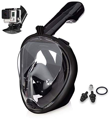 Lamker Schnorchelmaske Vollmaske Tauchmaske 180° Sichtfeld Vollgesichtsmske Tauchermaske Erwachsene Damen Anti-Fog Anti-Leck Müheloses Atmen Schnorchel Maske mit Kamerahaltung Schwimmmaske Schwarz