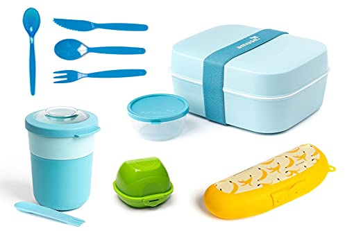 Harfield Tableware Lunch Box Set Blue 10 Pieces Small Cutlery Banana Apple Case On The Go 2 Compartment Bowl & Spork