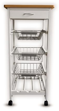 FEFE® White Wooden 2 & 3 Tier Rolling Kitchen Trolley Basket Organiser Cabinet Cart (3 Basket + 1 Wine Rack)