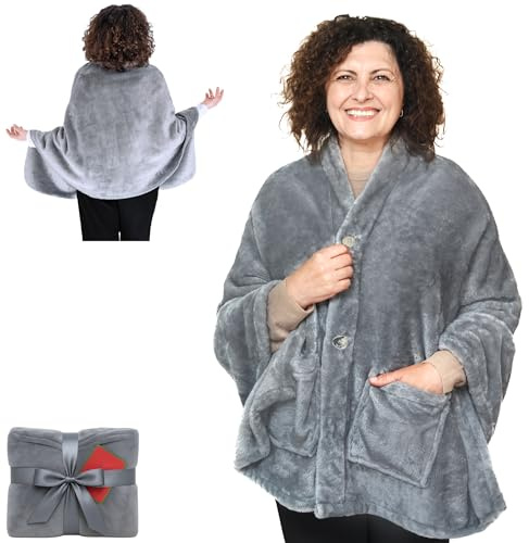EzrAllora Fleece Poncho Blanket - Drape&Go No Sleeves- Lightweight Wrap Shawl - Wearable Blanket - Easy On Easy Off (Fleece - Silver Grey)