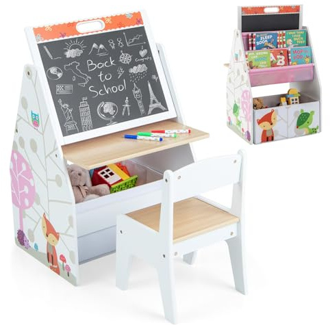 LIFEZEAL Tavolino Bambini con Sedie, Tavolino con Libreria, Lavagna Doppio Faccia e Contenitore Pieghevole per Giochi, Tavolo Multiattivita e Sedia per Cameretta, Tavolo per Bimbi 3-6 Anni (bianco)