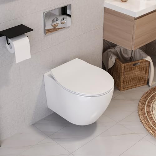DeerValley Wand WC Spülrandloses Hänge Toilette mit Absenkautomatik, Geräuscharmem Sitz & Glatter Keramikoberfläche D-Form Design Kompakte 51,5cm Hängetoilette für Gästebad