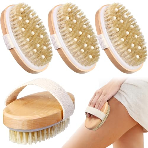 Reallnaive 4 piezas de cepillo corporal de cepillado en seco, cepillo exfoliante corporal con nódulo de masaje para drenaje linfático, mejora la circulación de la espalda, piel muerta, exfoliante de