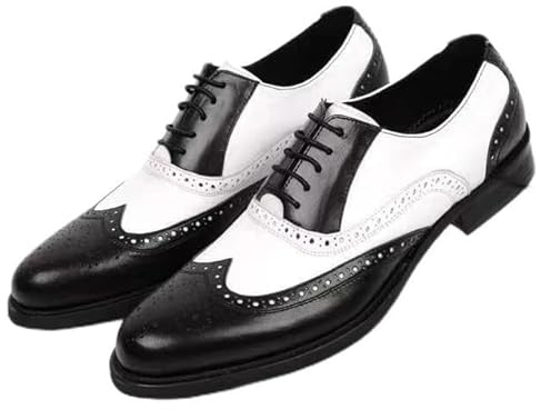 SayfuR Chaussures Oxford habillées for Hommes à Lacets Brogue en Relief Bout d'aile Chaussures Oxford Bicolores en Cuir PU Semelle Basse en Caoutchouc Talon Bloc Antidérapantes(Black White,44 EU)