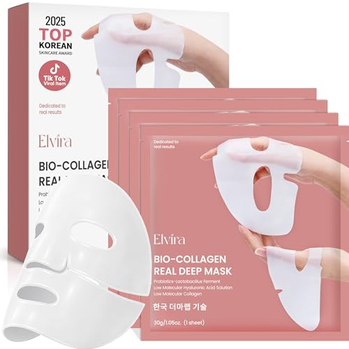Elvira Bio-Collagen Real Deep Mask, Overnight Hydrating Face Mask, 4 Pack