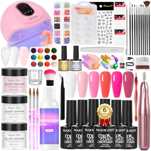 Acrylic Nail Kit Starter Set White Pink Clear Acrylic Powder 6 Colors Gel Polish Nail Drill U V Light with Everything for Beginners Full Supplies Decorations Salon Tools Gift Set