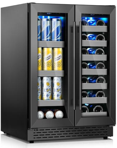 VINECOLD 24 Inch Black Dual Zone Wine Fridge,20 Bottle & 88 Cans Wine and Beverage Refrigerator with Glass Door,Undercounter&Freestanding Stainless Steel Handle Wine Cooler Refrigerator for Home,Party
