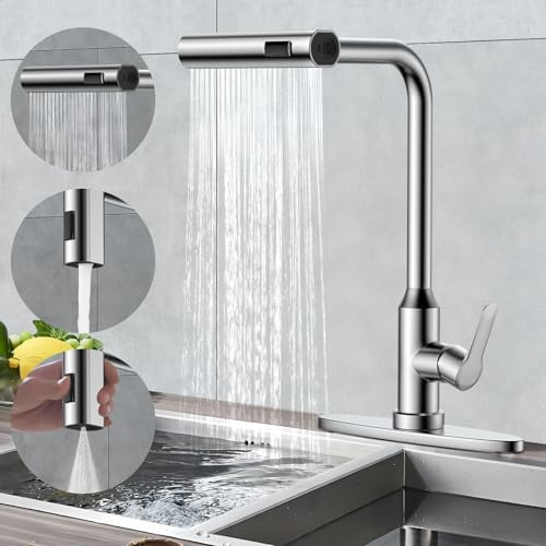 TEKXDD Grifo Cocina Extraible, Grifo Cocina en Cascada con 3 Modos de Ajuste, Giratorio a 360° Mezclador Monomando Fregadero con Caño Alto, Acero Inoxidable, Agua Frío y Caliente Regulable