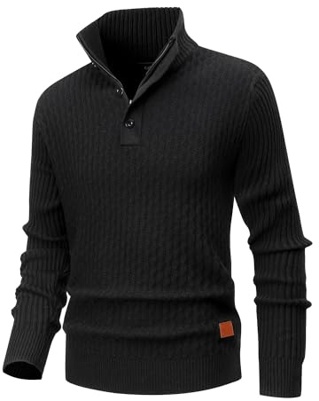 CoXuantion Maglioni Uomo Collo Alto Pullover Invernali Caldo Lavorata a Maglia Casual Maglione con Zip Leggera Giacca Maniche Lunghe Felpa XL,Nero