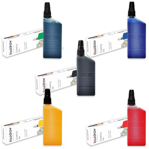Liquidraw Technical Pen Encre à dessin étanche 25 ml Couleurs assorties (compatible avec les stylos Isographe Rotring) (5 couleurs assorties)