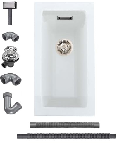 iAnomla Quartz Kitchen Sink, 25x45cm/10x18in, Composite Inset/Undermount Kitchen Small White Sink Waste Kit,Single Bowl Commercial with Overflow, Suitable for Workstation