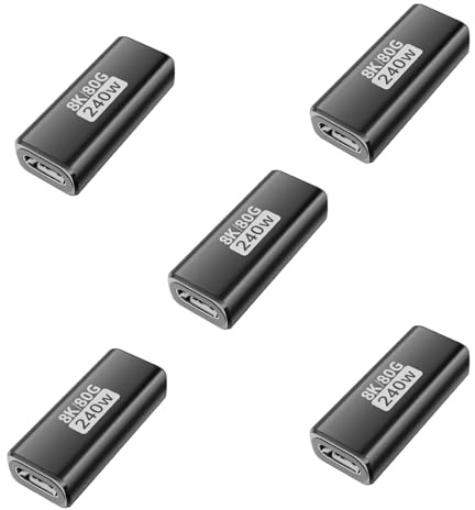 Diyuna 5-pack USB C-kopplingsadapter (US B C Female to Female), kompatibel med Thunderbolt 5, 240 W snabbladdning, 80 Gbps dataöverföring, USB C till adapter för iPhone, MacBook, surfplatta (svart)
