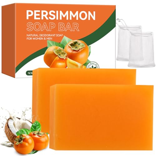 2 stycken Kaki tvål, Naturlig Persimmon Tvål, Kaki Tvålbit för Avlägsnande av Kroppslukt, Naturtvål för Ansikte & Kropps Djuprensning, Fuktgivande Badtvål med 2 Skumnät
