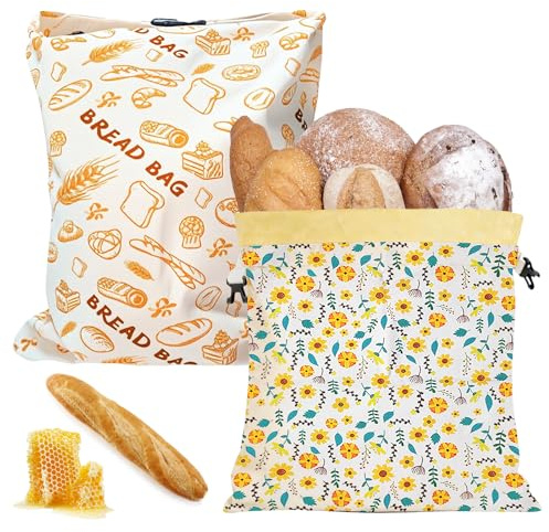 2 sacchetti per pane in cera d'api riutilizzabili 43 x 33 cm con cera d'api, sacchetti per pane riutilizzabili per la freschezza del pane e degli alimenti, conservazione naturale
