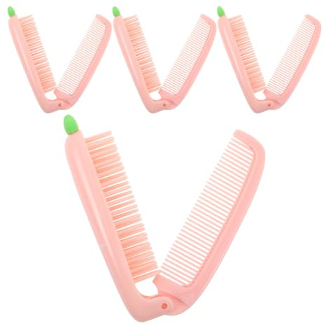 Peine Plegable de Zanahoria para Niños, Bolsillo, Plástico, 4 Piezas | Forma de Zanahoria, Dientes Finos, Rosa, Uso Diario y Festivo, Cabello Infantil Delicado