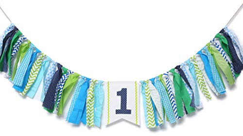 WAOUH 1st Birthday High Chair Banner - First birthday party Decorations For Rag Tie Fabric Garland，Photo Booth Props ，Birthday Souvenir And Gifts (Blue Green Aqua High Chair Banner)