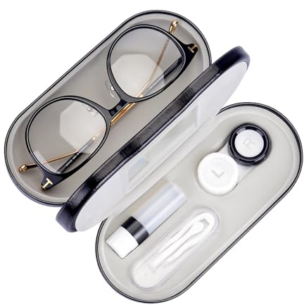 Muf 2 in 1 Contact Lens Case and Glasses Case, Double Sided Design with Mirror, Portable Travel Kit with Tweezer, Remover and Solution Bottle, Black