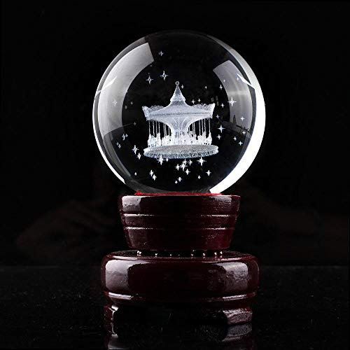 caihuashopping Fotokugel H 60mm Kristall Klar Kristallkugel 3D Lasergraviert Merry-Go-Runde Glaskugel Feng Shui Art Decor Zubehör Geburtstagsgeschenke Glaskugel Fotografie (Color : with Wodden Base)