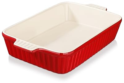 MALACASA Pirofila da forno, teglia da forno in ceramica da 3 QT, teglia rettangolare profonda per lasagne con manici per cucinare servire torte da cucina, rosso, serie BAKE.BAKE (20,3 x 30,5 cm)