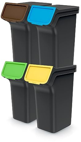 Set med 4 lådor papperskorgar StackBox | Svart | Stapelbar | Återvinningsinsamling | plast | 100 liter (4 x 25L) | för hem interiör