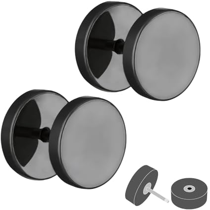 Treuheld® Fake Plug Set (2 Stück) | Große Ohrstecker zum Schrauben | Titan - 6 Größen - Schwarz | Platten Ohrstecker Paar | Damen & Herren [6.] - 14 mm