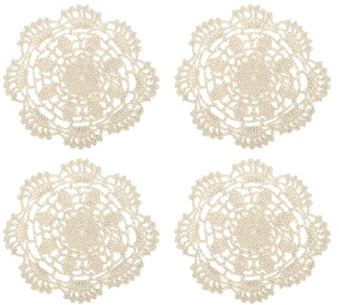 QUARKZMAN 4 st tyg underlägg 12 cm – bomull vävda virkade filtar spets broderi kopp matta med blommigt mönster för bröllop fest dekoration (mörk beige)