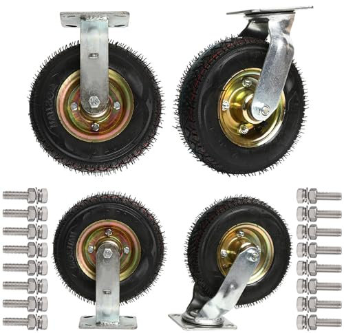 4 Pcs Heavy Duty Castor Wheels, Rubber Caster Wheel, Pneumatic Swivel Caster, 6 8'' 10'' Top Plate Fixed Air Filled, Pneumatic Inner Tube For Cabinet, Table, Shelf