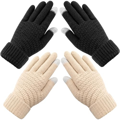 Premillow Womens Winter Gloves - 2 Pairs Touchscreen Winter Gloves for Women, Warm Glove with Elastic Cuff Knit Glove for Women Cold Weather,Black,Beige