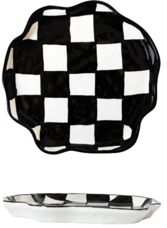 Tablero de ajedrez, tazas irregulares en blanco y negro, juego de vajilla de cerámica, cuencos, platos, tazas de avena para el desayuno del hogar, tazas de pareja, disco de 6 pulgadas