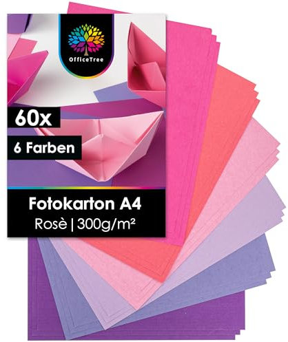OfficeTree 60 Blatt Fotokarton A4 Rosé Töne - 300g - 6 Farben - Bastel Karton Rosa zum Basteln & Drucken - Fotokarton 300g Rosa Papier - Tonpapier Rosa - Tonpapier Pink - Rosa Tonpapier