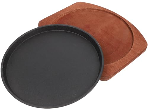 Amosfun Sizzle Platter Set, 19 Cm Iron Skillet with Wooden Base, Non-Stick Grilling Plates Fajita Steak Sizzler Serving Platter