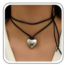 Aneneiceera Collana a cuore in pelle a strati vintage con ciondolo a cuore gonfio in argento e lacci lunghi in pelle scamosciata