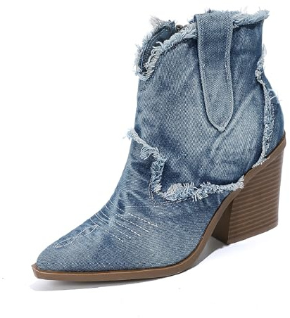 LVOMU Women's Embroidery Denim Western Cowboy Ankle Boots With Side Zipper Fashion Pointed Toe Stack Heel Cowgirl Mid Calf Boots Comfort Walking Dress Booties (blue,9,9)